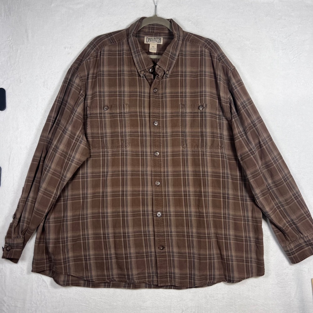 Duluth Trading Co Mens 3XL Brown Plaid Long Sleeve Cotton Button Down Work Shirt
